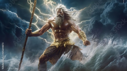 Giant poseidon coming out of the stormy sea. Greek mythological god wearing gold bracelets  carrying a golden trident in a storm Poseidon a Greek mythology god