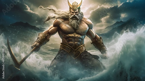 Giant poseidon coming out of the stormy sea. Greek mythological god wearing gold bracelets, carrying a golden trident in a storm Poseidon a Greek mythology god