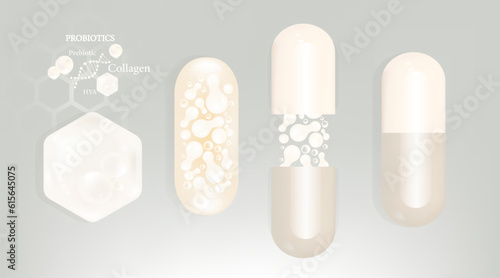 Probiotic and Hyaluronic acid skin solutions ad, white collagen and vitamin capsule, and vitamin serum drop with cosmetic advertising background ready to use illustration vector.