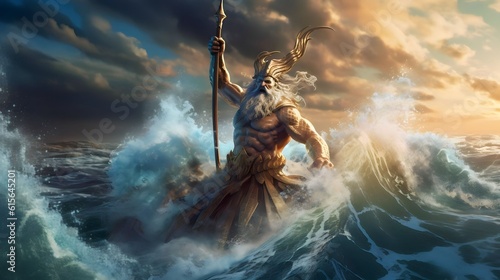 Giant poseidon coming out of the stormy sea. Greek mythological god wearing gold bracelets, carrying a golden trident in a storm Poseidon a Greek mythology god photo