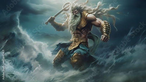 Giant poseidon coming out of the stormy sea. Greek mythological god wearing gold bracelets  carrying a golden trident in a storm Poseidon a Greek mythology god