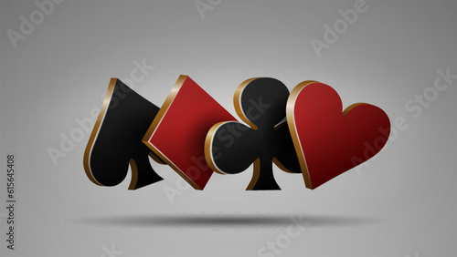 3D icons of suits in gold, red and black on poker cards: hearts, diamonds, spades and crosses. A concept for a casino.