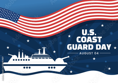 United States Coast Guard Day Vector Illustration on August 4 with American Flag and Ship Background in Flat Cartoon Hand Drawn Templates