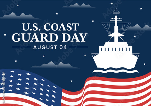United States Coast Guard Day Vector Illustration on August 4 with American Flag and Ship Background in Flat Cartoon Hand Drawn Templates