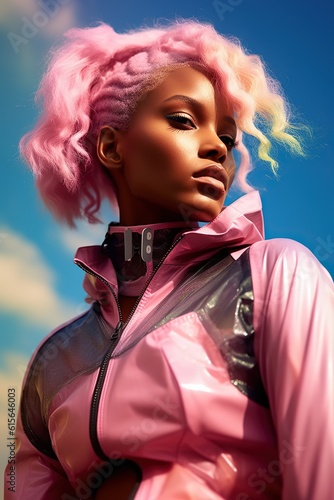 A futuristic woman with pink hair wearing sport clothing poses for a portrait outside against a brilliant blue sky, showing off her fashion-forward style
