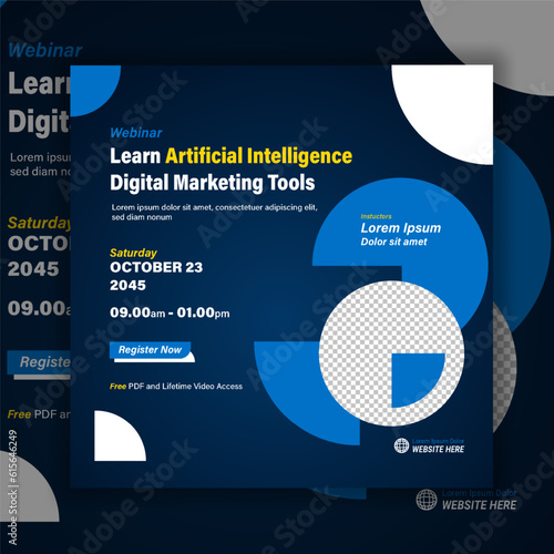 Business social media content artificial intelligence webinar template. Layout poster online course university technology. Creative modern banner, poster, flyer, background design digital marketing