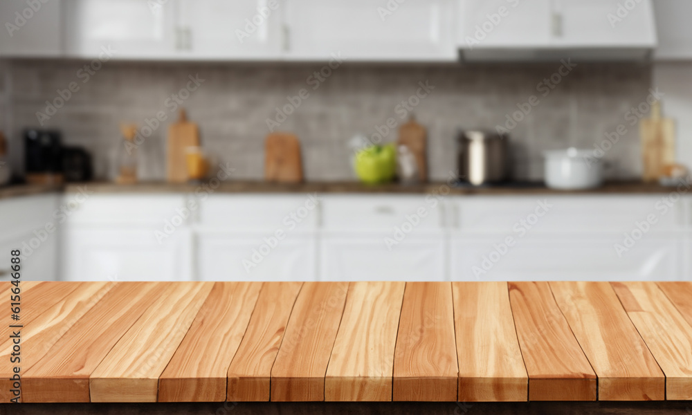 Wooden counter with blurred kitchen background. Table in the foreground for displaying products. Wooden counter with blurred kitchen background. Table in the foreground for displaying products.