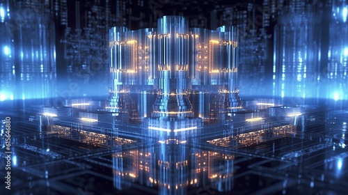 Quantum computer technology concept. Deep learning artificial intelligence. Big data algorithms visualization for business, science, technology. Created with generative AI technology.
