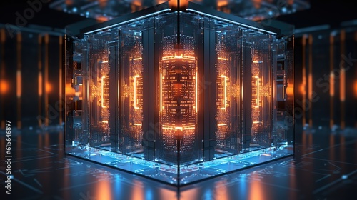 Quantum computer technology concept. Deep learning artificial intelligence. Big data algorithms visualization for business, science, technology. Created with generative AI technology.