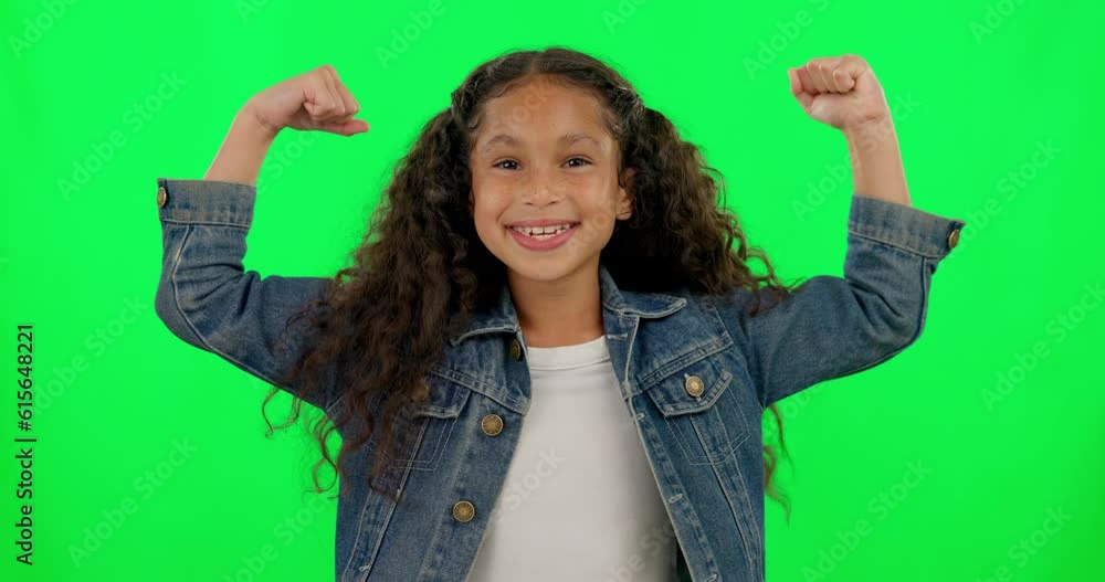 Face, green screen and girl flexing arms, smile and confident kid against a studio background. Portrait, female child or toddler flex, muscle and success with challenge, power and strength with pride Face, green screen and girl flexing arms, smile and confident kid against a studio background. Portrait, female child or toddler flex, muscle and success with challenge, power and strength with pride