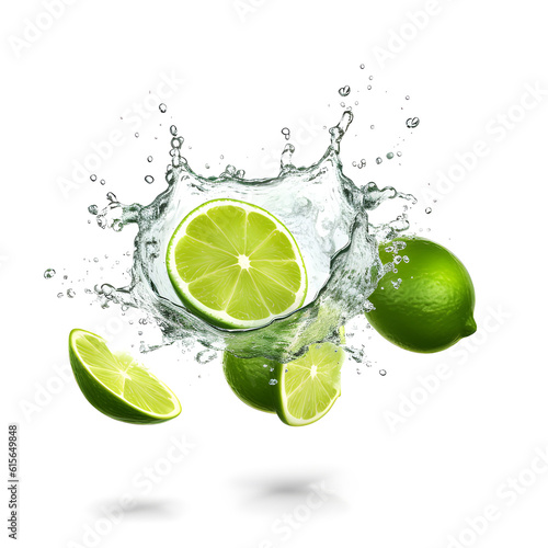 Ripe limes splashing water on white background. Generative AI
