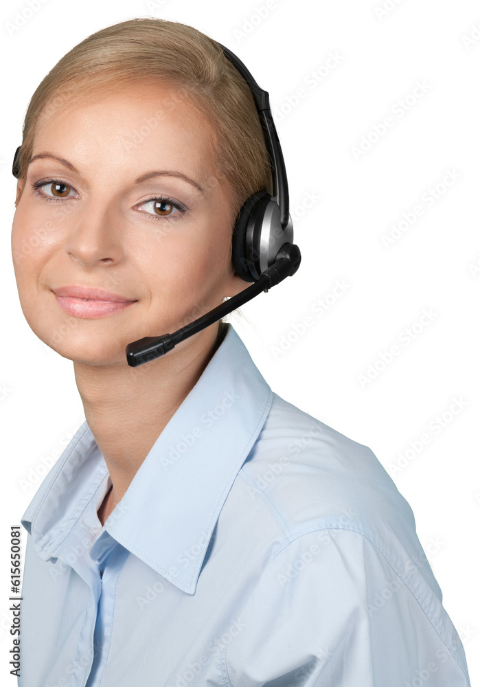 Female customer service representative wearing a headset Female customer service representative wearing a headset