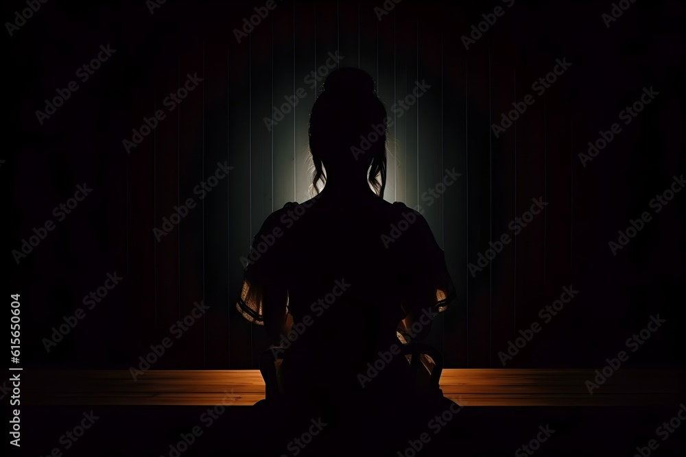 silhouette of a women in depress with dark gloomy light. Content created with generative AI software