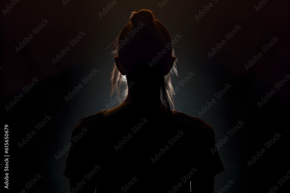 silhouette of a women in depress with dark gloomy light. Content created with generative AI software