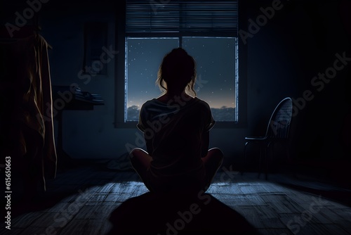 silhouette of a women in depress with dark gloomy light. Content created with generative AI software