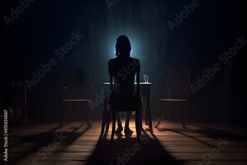 silhouette of a women in depress with dark gloomy light. Content created with generative AI software