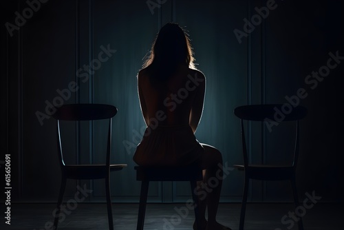 silhouette of a women in depress with dark gloomy light. Content created with generative AI software