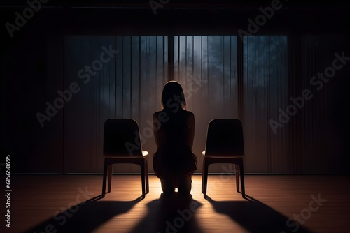 silhouette of a women in depress with dark gloomy light. Content created with generative AI software