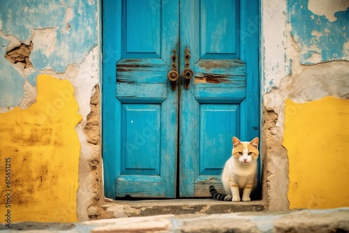 Illustration of a curious cat sitting in front of a vibrant blue door created with Generative AI technology © AI Visual Vault