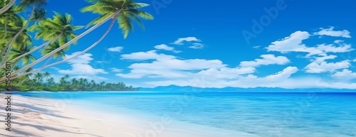 Illustration of a Beautiful tropical island with palm trees and a beach. Created with Generative AI technology © mafizul_islam