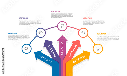 Infographic arrow crossroads 5 options to success. Vector illustration.
