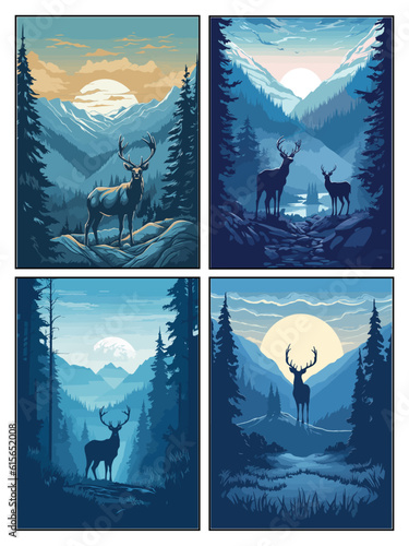 Big dear poster in the mountains, in the style of dark azure and light azure, vector illustration
