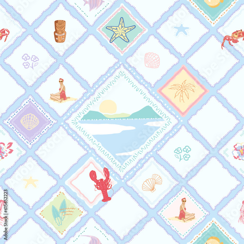 Wallpaper Mural Retro Hand Draw Motif Beach Patchwork illustration Vector Seamless Pattern Art On Beige Background Wallpaper, Palm , Woman,Crab, Shell, Starfish, Sea Beach Summer Travel, Vacation  Torontodigital.ca
