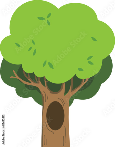 A big trunk tree with hole cartoon flat vector icon.