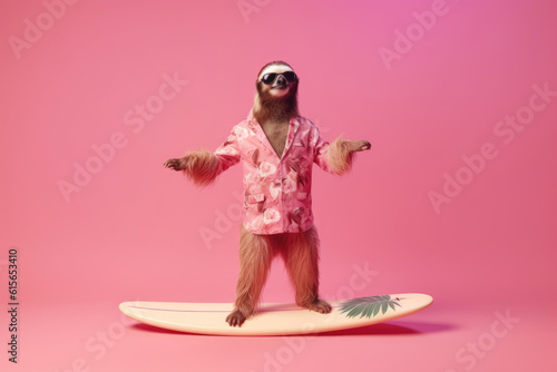 sloth on the surfboard on pink background, Generative AI