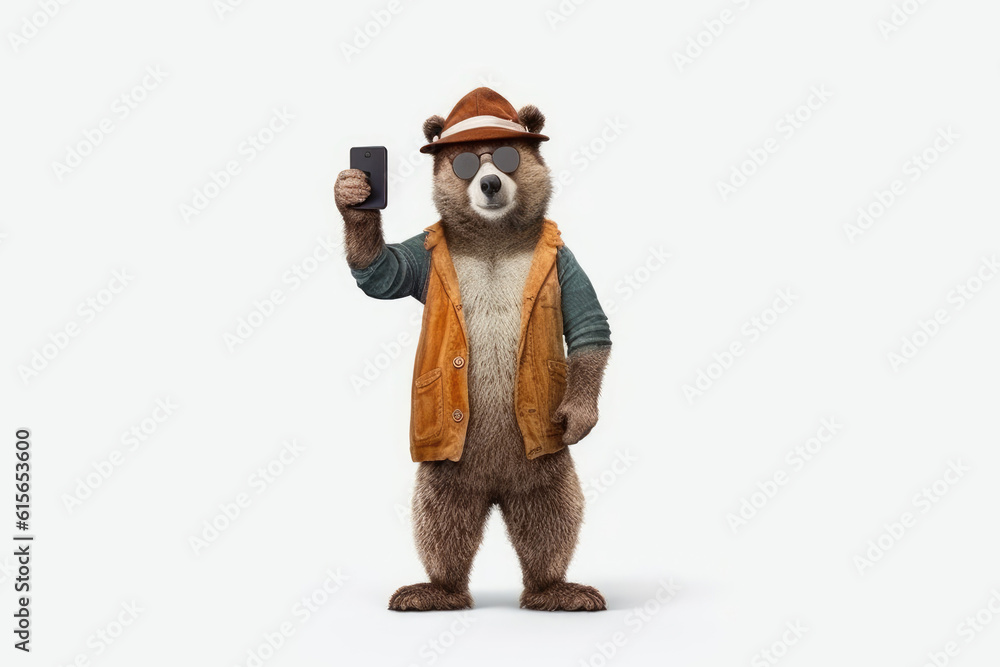 grizzly bear with smartphone on white background, Generative AI