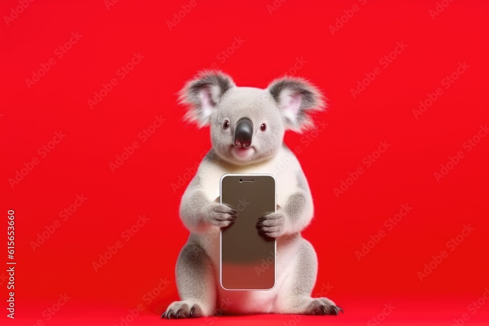 koala with smartphone on red background, Generative AI koala with smartphone on red background, Generative AI