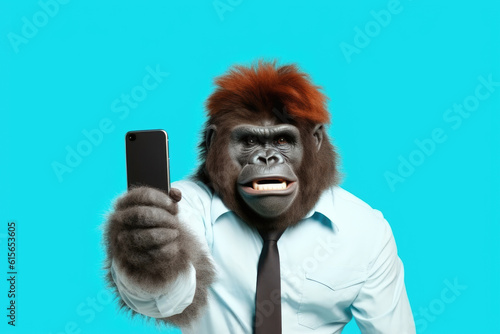 gorilla with smartphone on blue background, Generative AI
