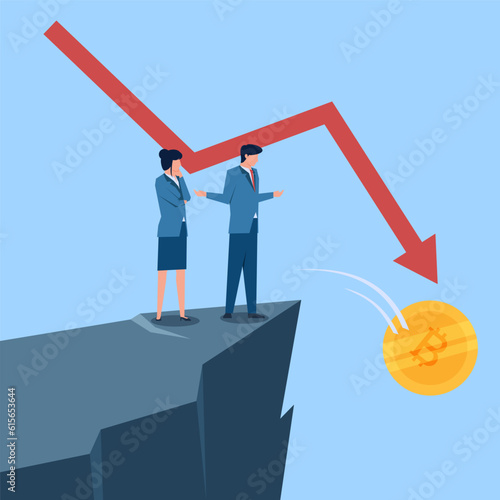Business man and woman discuss about crash of cryptocurrency. Business flat vector concept illustration.