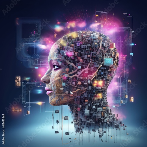 Woman head full of information data on modern neon color background. Created using AI