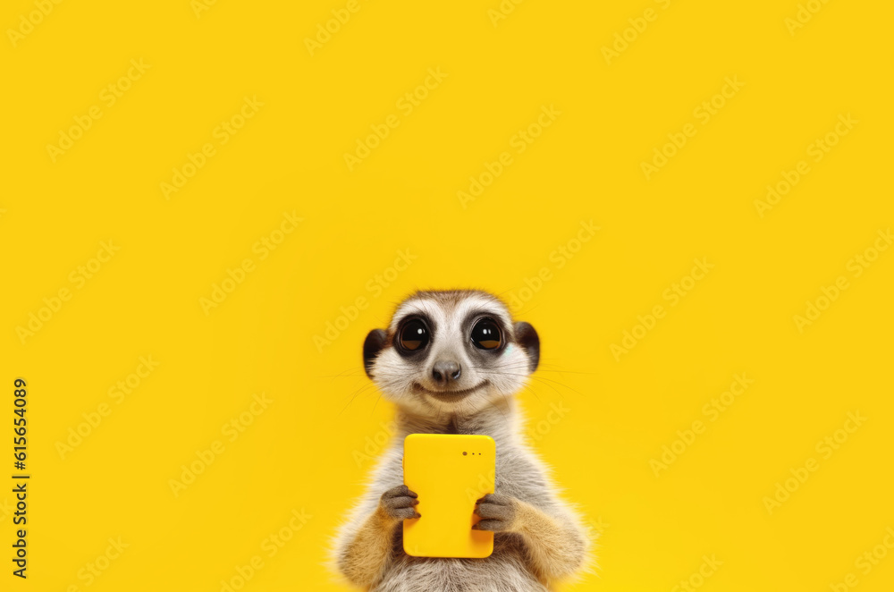 meerkat with smartphone on yellow background, Generative AI meerkat with smartphone on yellow background, Generative AI