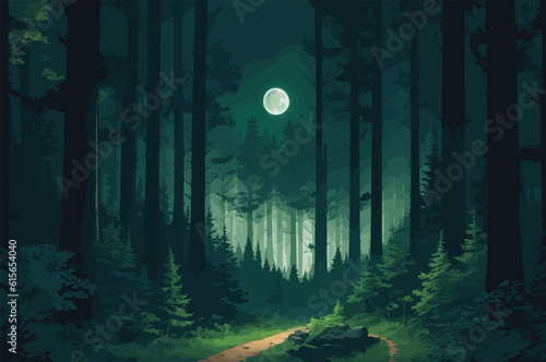 vector background illustration that depicts a nocturnal adventure in the wilderness. dark greens and forest illuminated by moonlight. towering trees, mysterious wildlife, and a winding path