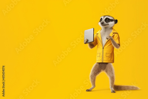 meerkat with smartphone on yellow background, Generative AI