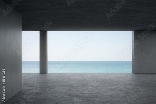 Empty concrete room with sea and sky background. 3d rendering of abstract interior space. © 2B Visual