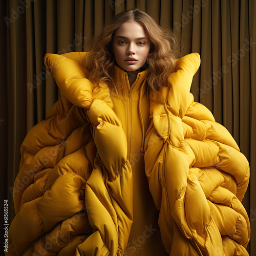 a woman in a yellow puffer jacket with her hands on her head, standing next to a brown curtain