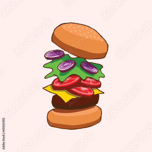 jumping burger vector illustration with fresh looking ingredient