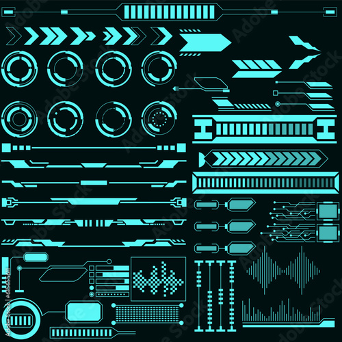 Virtual HUD Futuristic Elements Set Vector. Object Abstract Graphic. For Game Application User Interface Control Panel Illustration.