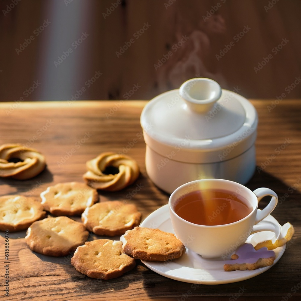 Hot tea laying on a wooden table with morning light cookies