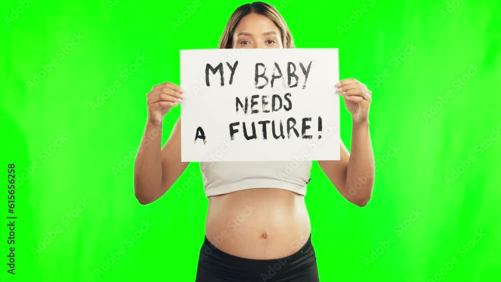 Green screen, protest sign or woman with pregnant stomach in studio to stop conflict for future of baby. Pregnancy poster, activist or portrait of mother with board to fight crime in peace rally Green screen, protest sign or woman with pregnant stomach in studio to stop conflict for future of baby. Pregnancy poster, activist or portrait of mother with board to fight crime in peace rally
