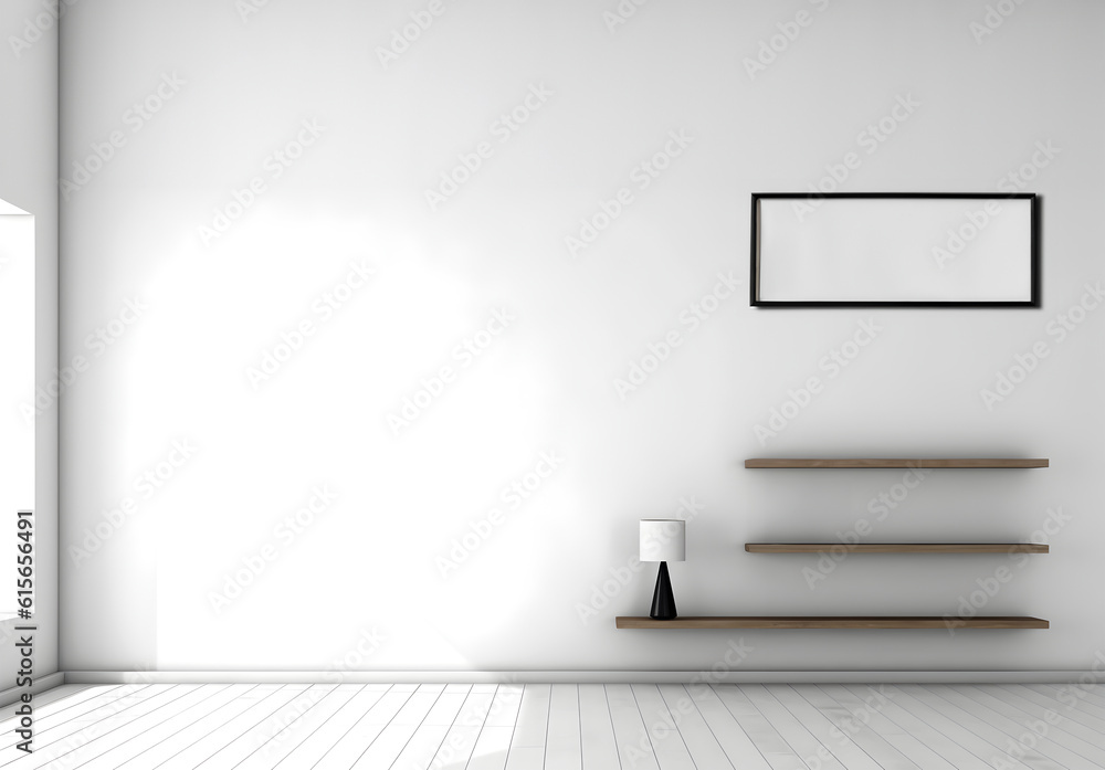 Obraz premium Creative interior concept. Large blank empty minimal wall room with blank frame long shelf and natural shadow. Banner template for product presentation. Mock up. copy text space