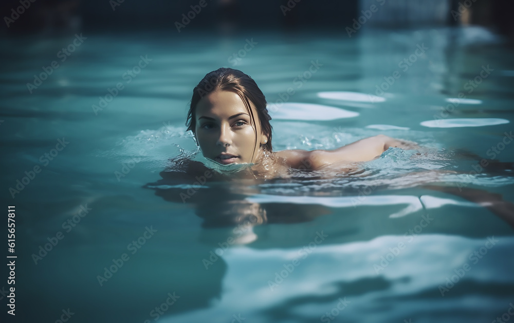 Portrait of a young woman swimming in the pool. Generative AI technology.