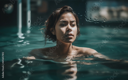Portrait of a young woman swimming in the pool. Generative AI technology. © Aleksandr