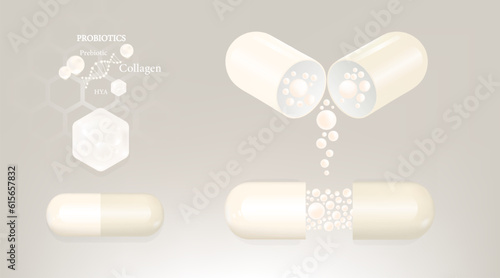Probiotic and Hyaluronic acid skin solutions ad, white collagen and vitamin capsule, and vitamin serum drop with cosmetic advertising background ready to use illustration vector.