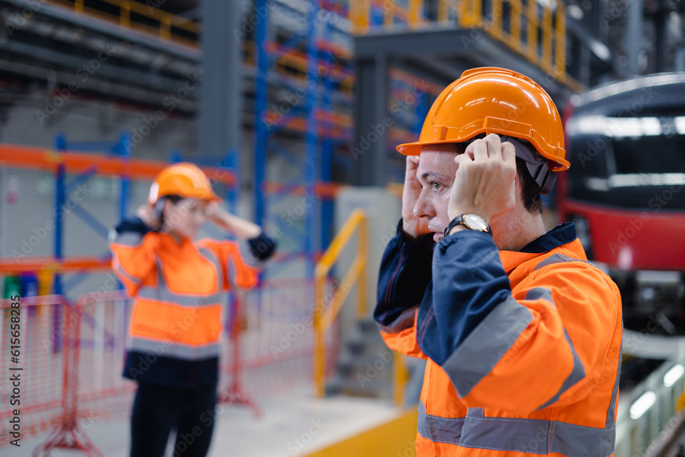 Engineer team worker check safety helmet clothing for work electric train service depot transport industry factory technician mechanic staff. Engineer team worker check safety helmet clothing for work electric train service depot transport industry factory technician mechanic staff.