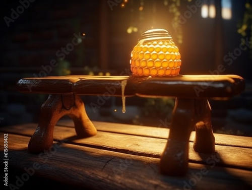 honey pot on top of a wooden table, Generative AI