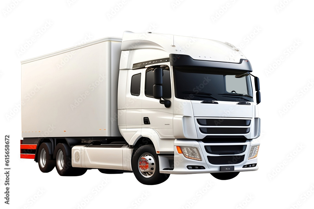 White delivery truck isolated on white and transparent background. Realistic white cargo truck on a white and transparent background